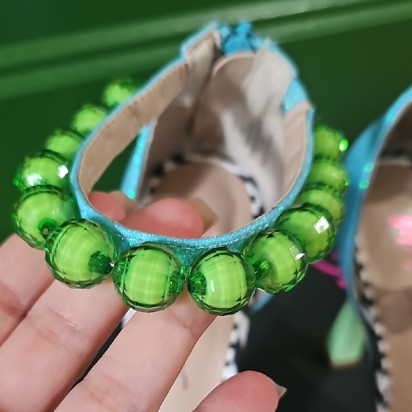 Betsey Johnson Blue and Green Embellished Zebra-Accent Heels - Picture 11 of 12